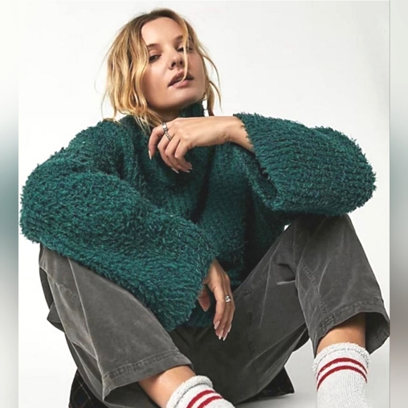NWOT Free People CANYON Oversized Slouchy Boho Sweater Teal Green - Picture 3 of 14